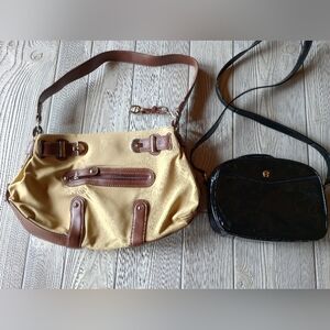 Etienne Aigner Tan Canvas Brown Leather Shoulder Bag w/ Bonus Black Bag